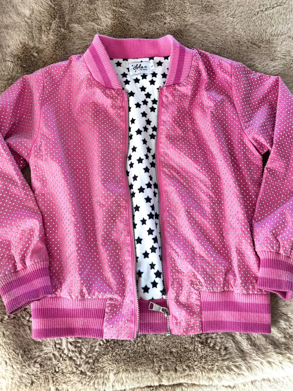 Lola + The Boys Pink Rhinestone Bomber Jacket with Star Lining